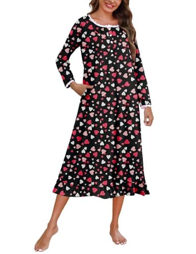 Marvmys Womens Long Sleeve Cotton Nightgown with Lace Trim and Pockets