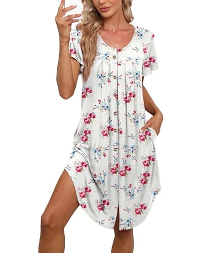 BestShow Women's Button Down Nightgown with Pleated Front & Hand Pockets