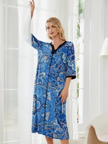 PITINAN Moo Moo Zip-Up Robe for Women Long Lounge Dress S-3XL