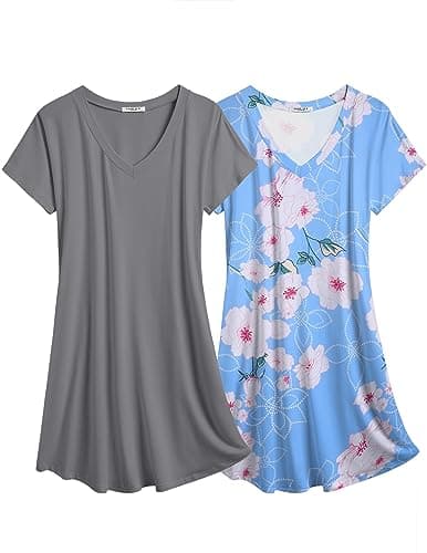 Ekouaer Womens V Neck Short Sleeve Nightgown with Pockets Plain/Floral