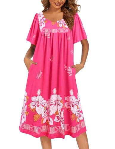 Ekouaer Women's Pleated Nightgown - Short Sleeves & Pockets