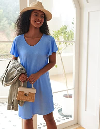 Ekouaer Women's Flare Short Sleeve V-Neck Nightgown 2-Pack S-2XL