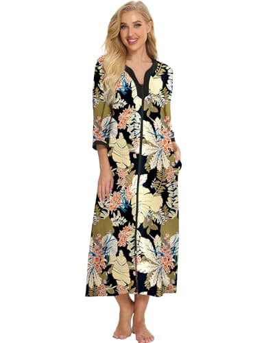 Bloggerlove Soft Cotton Zip Up Robes for Women Night Gown Long House Coat Half Sleeve Sleepwear