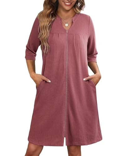 Ekouaer Women's 3/4 Sleeve Waffle Knit Zipper Bathrobe with Pockets S-3XL