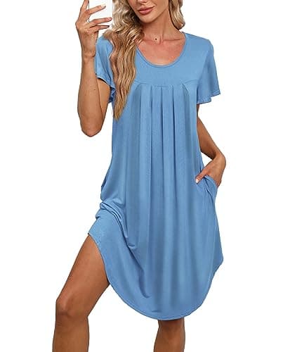 Bestshow Women's Pleated Front Loose Fit Short Sleeve Nightgown with Hand Pockets (S-5XL)