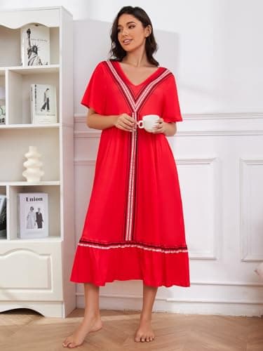 CRIPOM Women's Pocketed V-neck Nightgown with Floral Print S-3XL