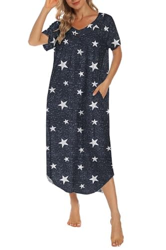 YOZLY Soft V-Neck Short Sleeve Nightgowns for Women with Pockets