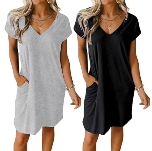 Ekouaer Womens V Neck Short Sleeve Nightgown with Pockets Plain/Floral