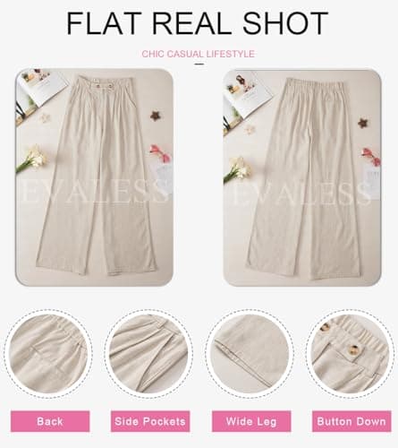 EVALESS Wide Leg Linen Palazzo Pants for Women Elastic High Waisted Flowy Summer Casual