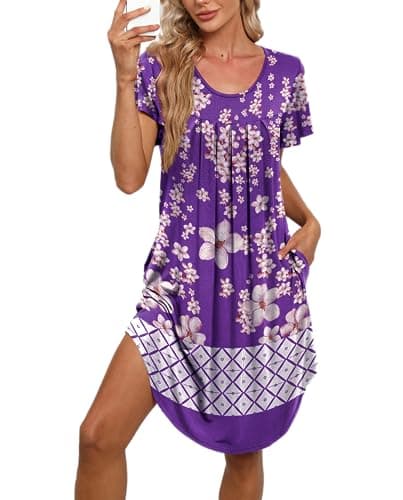 Bestshow Women's Pleated Front Loose Fit Short Sleeve Nightgown with Hand Pockets (S-5XL)