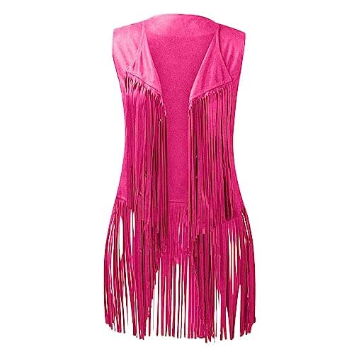 Pink Fringe Leather Vest Jacket - Faux Suede, Open Front Coat