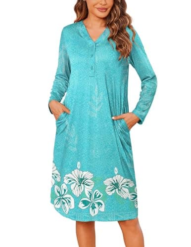 Ekouaer Women's Long Sleeve Nightgown with Pockets