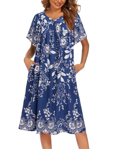 Ekouaer Womens Flower Print Nightgown Short Sleeve House Dress with Pockets