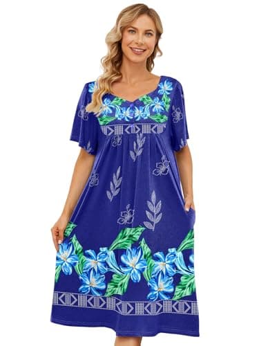 Womens House Dresses with Pockets - Moo Moo Nightgown Short Sleeve Mumu Dress Lounge Dress S-3XL