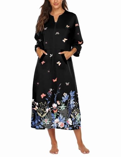 Ekouaer Women's Full Length Zipper Robe Sleepwear