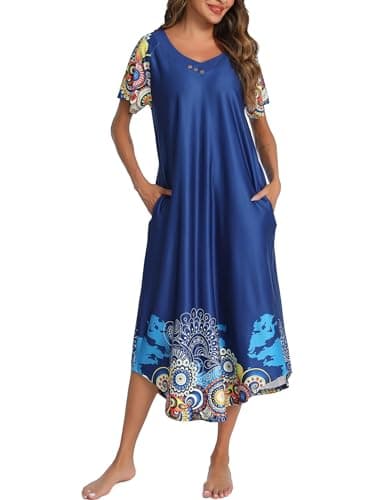 YOZLY Soft V-Neck Short Sleeve Nightgowns for Women with Pockets