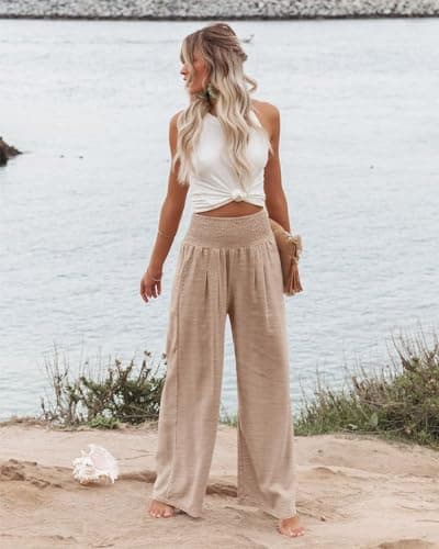PrinStory Women's High-Waisted Summer Palazzo Pants Wide Leg Cotton Linen