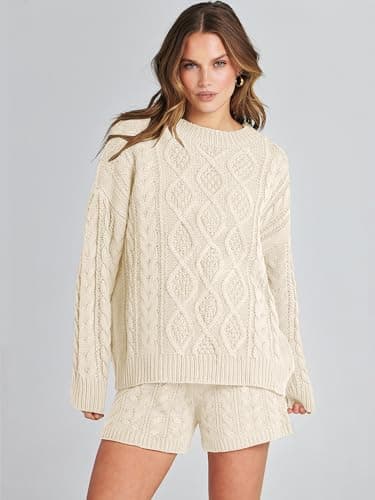 ANRABESS Women Spring Cable Knit Oversized Sweater & Matching Short Pants Sets