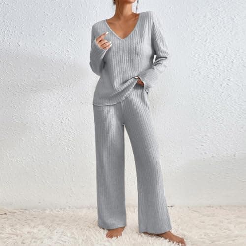 TIGENA Women's Ribbed Long Sleeve Sweater & Wide Leg Pants Lounge Set