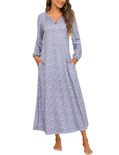 Marvmys Women's Cotton Long Sleeve Nightgown with Pockets