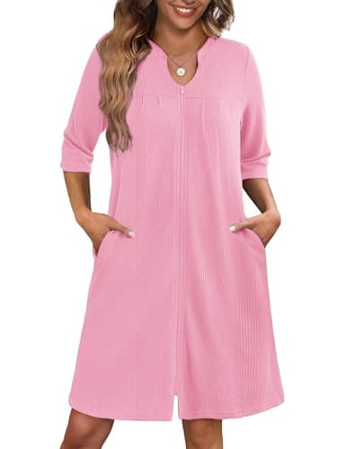 Ekouaer Women's 3/4 Sleeve Waffle Knit Zipper Bathrobe with Pockets S-3XL