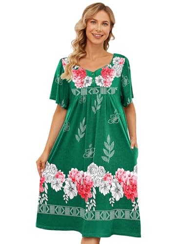 Womens House Dresses with Pockets - Moo Moo Nightgown Short Sleeve Mumu Dress Lounge Dress S-3XL