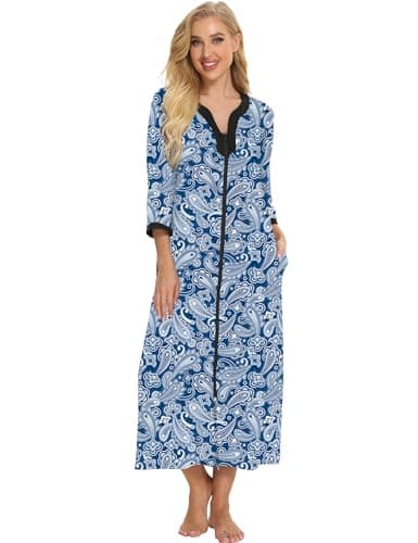 Bloggerlove Soft Cotton Zip Up Robes for Women Night Gown Long House Coat Half Sleeve Sleepwear