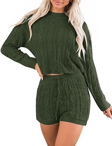 ZESICA Women's Casual Sweater Sets - Long Sleeve Cable Knit Tops and Drawstring Shorts