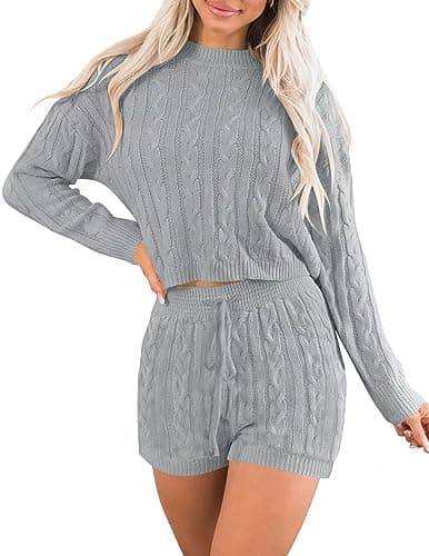 ZESICA Women's Casual Sweater Sets - Long Sleeve Cable Knit Tops and Drawstring Shorts