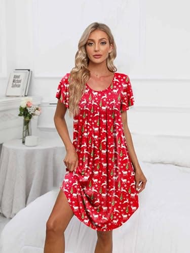 Bestshow Women's Pleated Front Loose Fit Short Sleeve Nightgown with Hand Pockets (S-5XL)