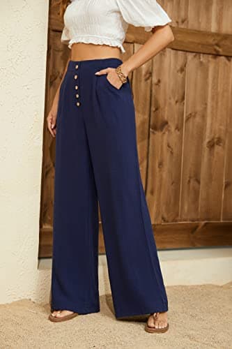 SVALIY Women's High-Waisted Flowy Cotton-Linen Palazzo Pants with Pockets