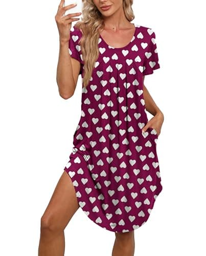 Bestshow Women's Pleated Front Loose Fit Short Sleeve Nightgown with Hand Pockets (S-5XL)
