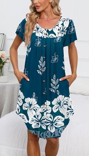 BestShow Women's Button Down Nightgown with Pleated Front & Hand Pockets