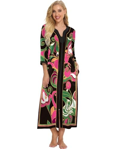 Bloggerlove Soft Cotton Zip Up Robes for Women Night Gown Long House Coat Half Sleeve Sleepwear