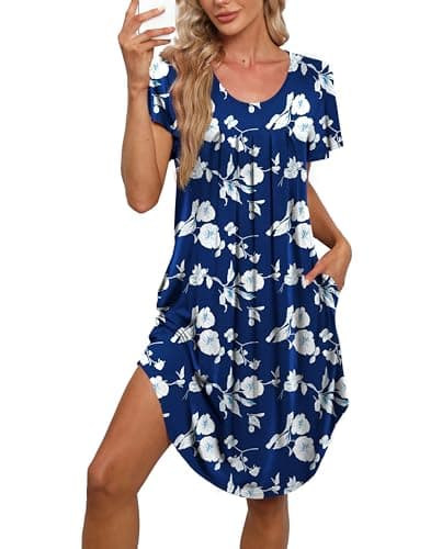 Bestshow Women's Pleated Front Loose Fit Short Sleeve Nightgown with Hand Pockets (S-5XL)