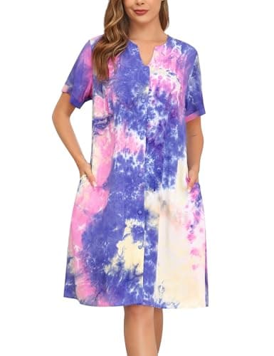 YOZLY Women's Cotton Duster Robe Short Sleeve Button Down Nightgown