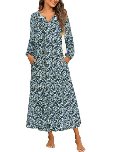 Marvmys Women's Cotton Long Sleeve Nightgown with Pockets