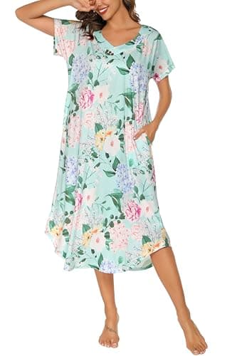 YOZLY Soft V-Neck Short Sleeve Nightgowns for Women with Pockets