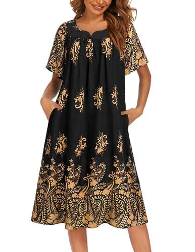 Ekouaer Womens Flower Print Nightgown Short Sleeve House Dress with Pockets