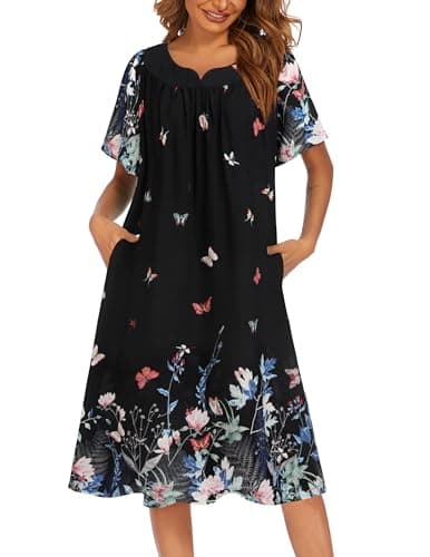 Ekouaer Womens Flower Print Nightgown Short Sleeve House Dress with Pockets