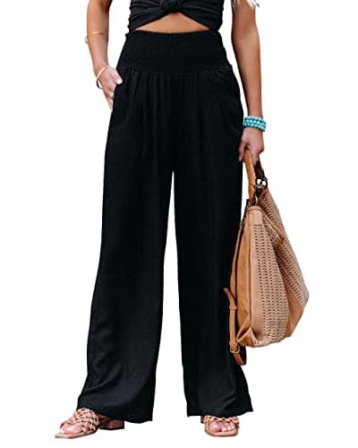 Chouuya Women's Smocked High-Waisted Cotton Linen Palazzo Pants Wide Leg with Pockets