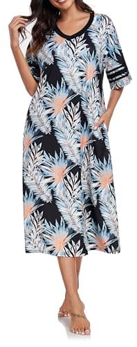 Vslarh Women's Soft V-Neck Knit Nightgown with Pockets S-XXL