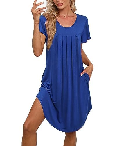 Bestshow Women's Pleated Front Loose Fit Short Sleeve Nightgown with Hand Pockets (S-5XL)