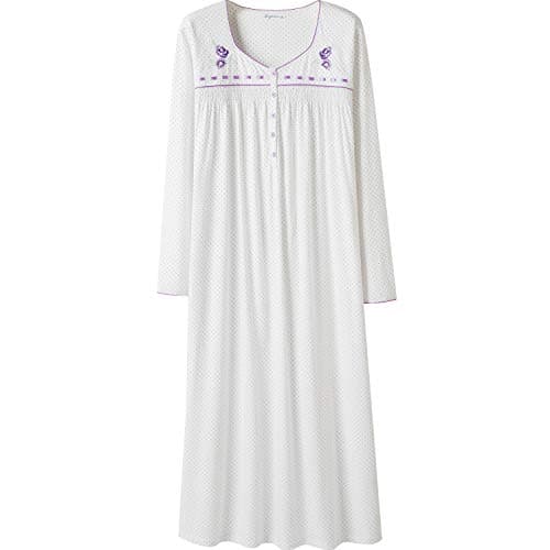 Soft Cotton Embroidered Long-Sleeve Nightdress for Women by Keyocean
