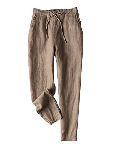IXIMO Women's 100% Linen Tapered Pants with Drawstring Back Elastic Waist