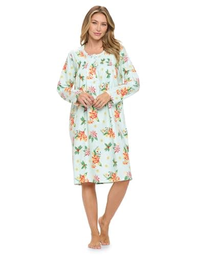 Women's Casual Flannel Floral Long Sleeve Nightgown