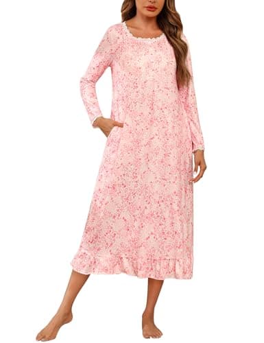 Marvmys Womens Long Sleeve Cotton Nightgown with Lace Trim and Pockets