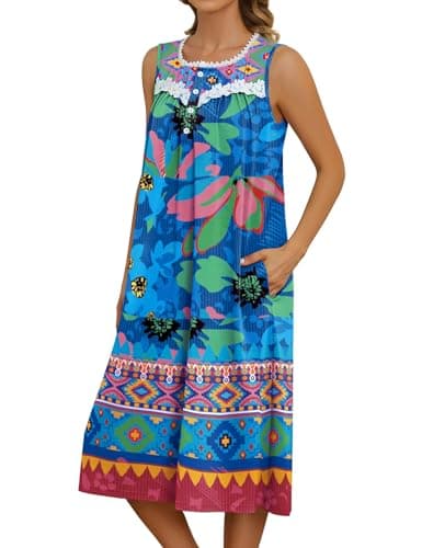 Bloggerlove Women's Sleeveless Nightgown with Pockets and Button Down Design