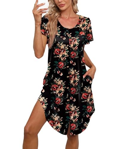 BestShow Women's Button Down Nightgown with Pleated Front & Hand Pockets