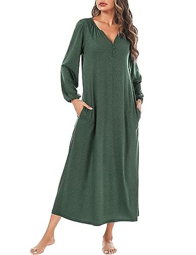 Marvmys Women's Cotton Long Sleeve Nightgown with Pockets